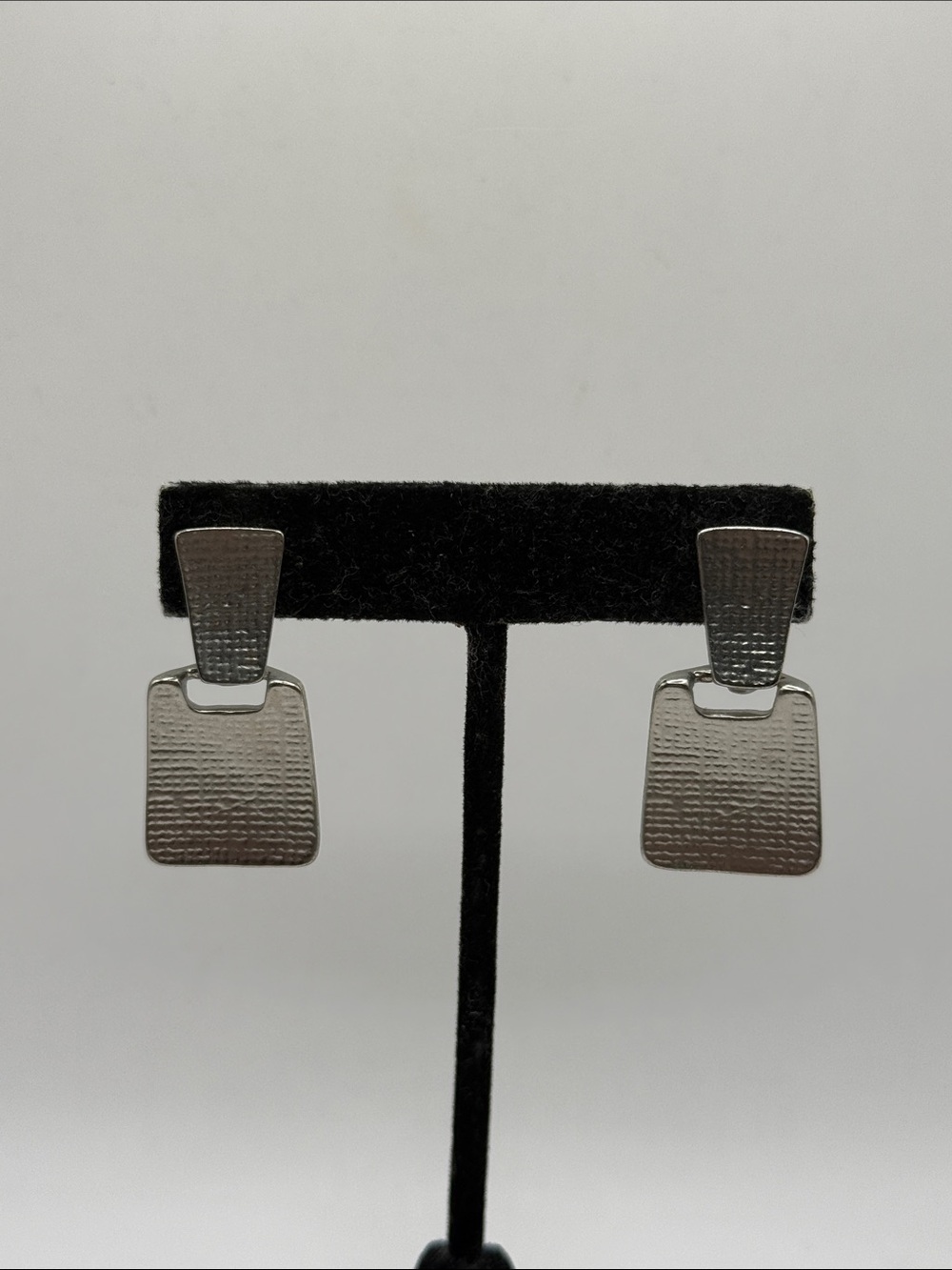 Vintage Silver Tone Textured Clip On Dangle Drop Statement Earrings